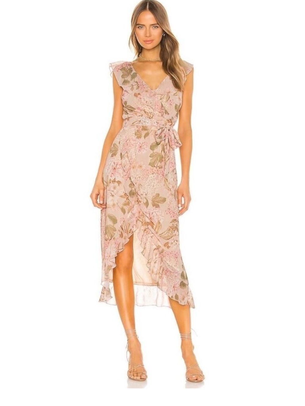 Show Me Your MuMu Granada Blush Hydrangea Floral Ruffle Wrap Dress Small Repair